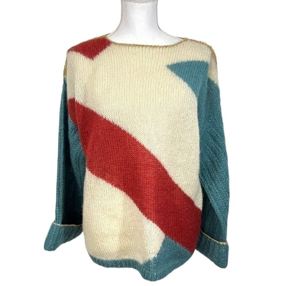 Boxy Geometric Print Fuzzy Mohair Blend Sweater Gold Trim Vintage Handmade - Picture 1 of 8
